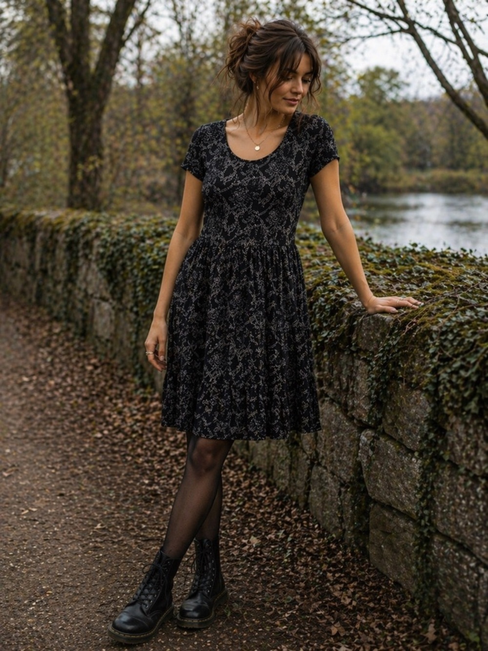 Jane & Delancey Black Floral Midi Dress Goth Grunge Dark Academia Boho Small